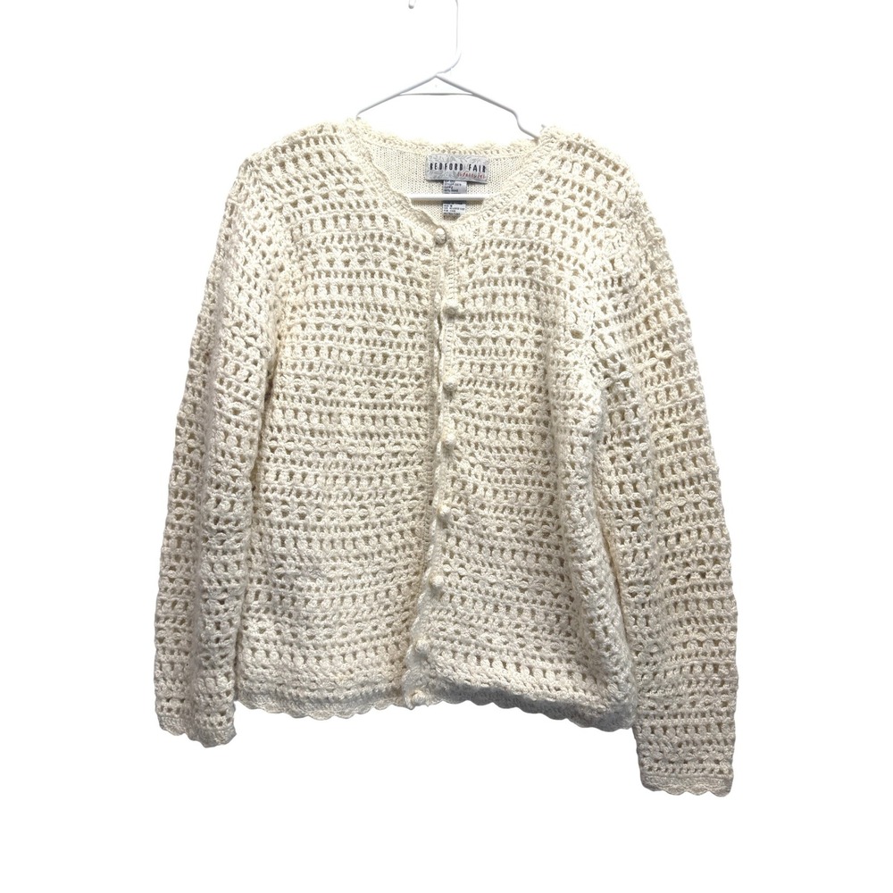 Vintage Bedford Fair Cardigan Crochet Mohair Blend S Ivory Womens